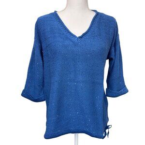 DKNY Jeans Womens Sequin V-Neck Sweater XL Blue Light Soft Comfortable